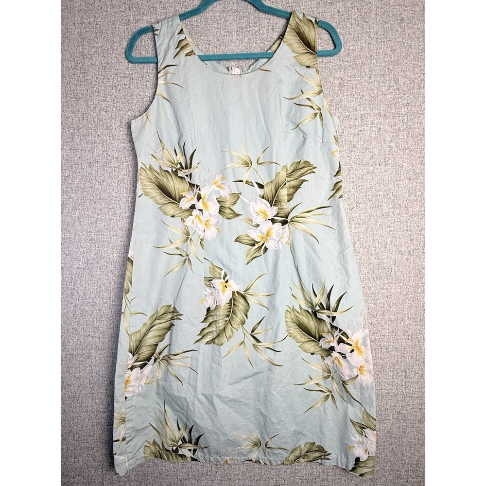 Vintage Hawaiian Floral Sheath Dress‎ Hibiscus Blue White Pacific Legend LARGE